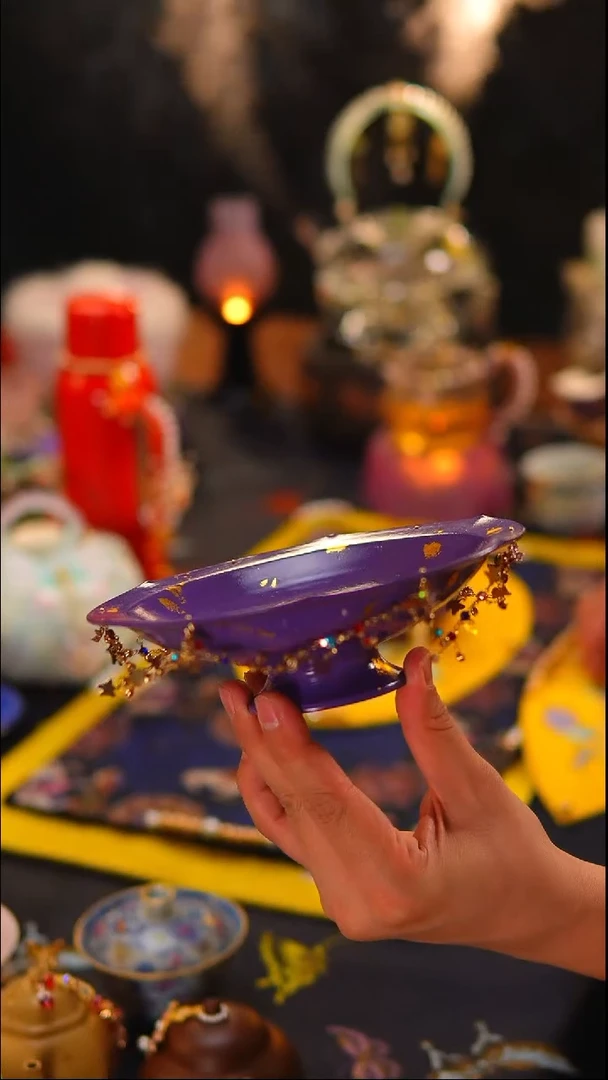 041紫色大漆壶承