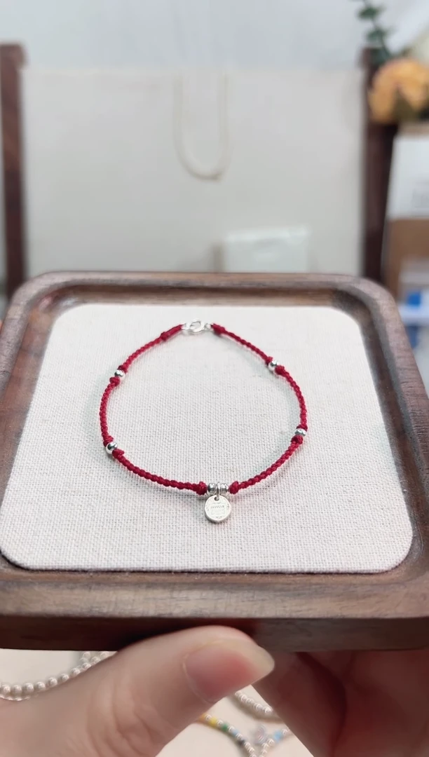 无925银八方吊牌红绳酒红色手链