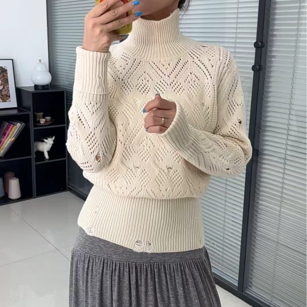 【外贸尾单】高领镂空针织衫女法式套头时尚毛衣羊绒羊毛混纺针织衫