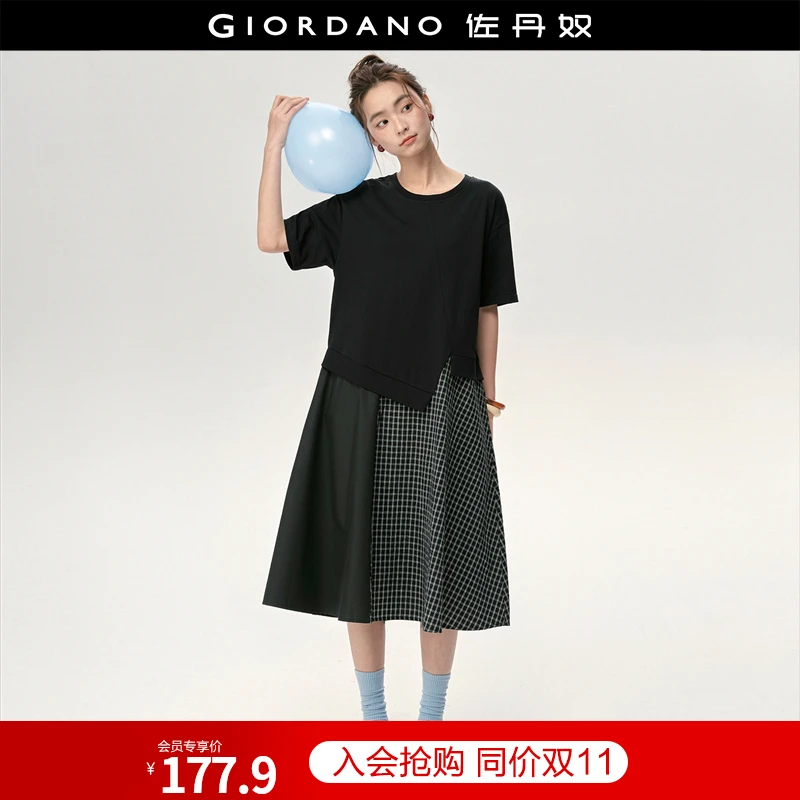 佐丹奴裙子女装针梭织拼接不规则下摆圆领短袖连衣裙 18465218