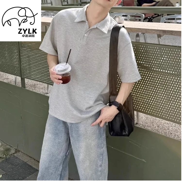 花灰色短袖男款polo衫夏季阳光干净男生穿搭正肩翻领t恤重磅半袖