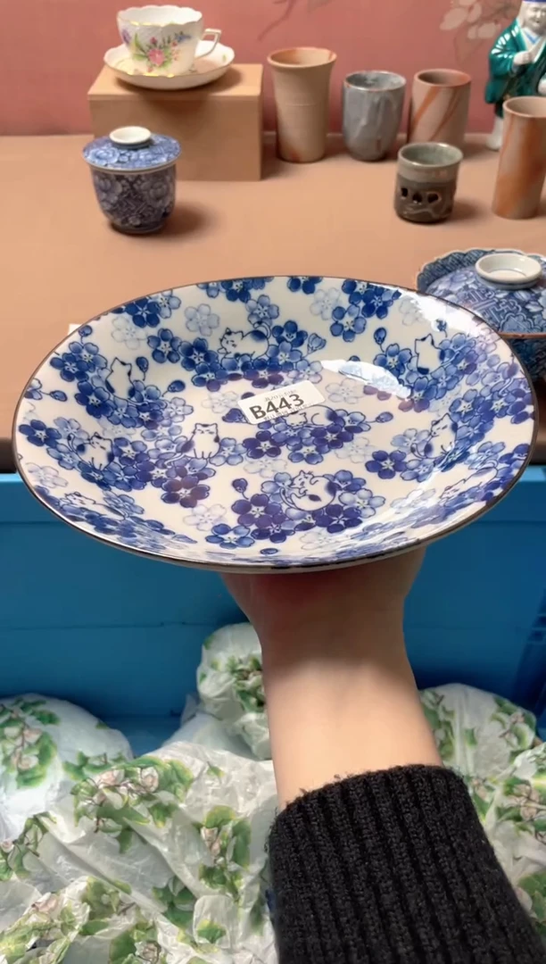 瓷片千代蓝色舞猫盘443