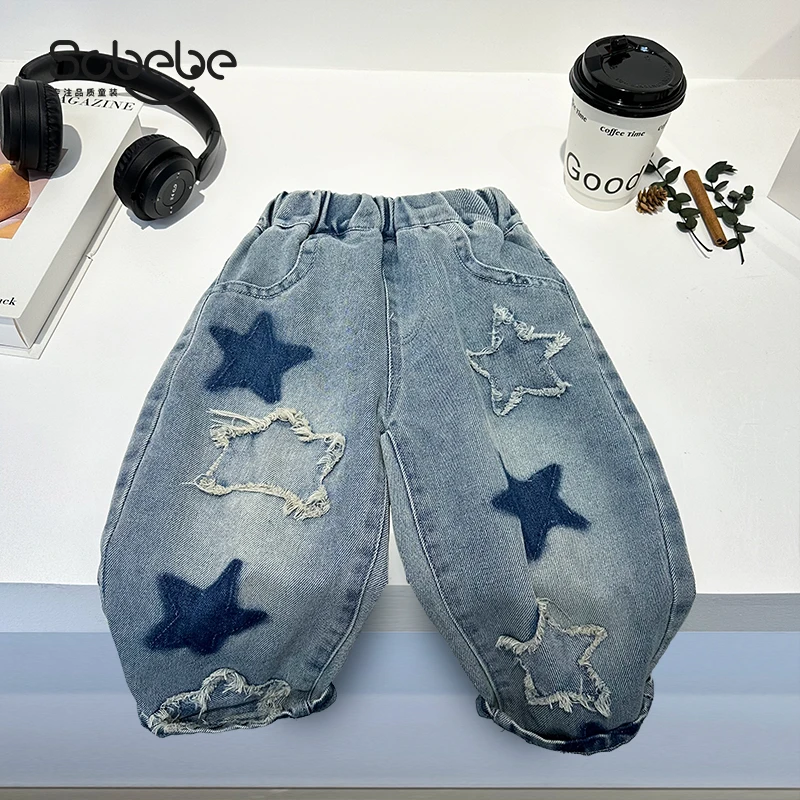 SCBEBE儿童牛仔裤春秋新款韩版洋气百搭毛边星星裤子CK066