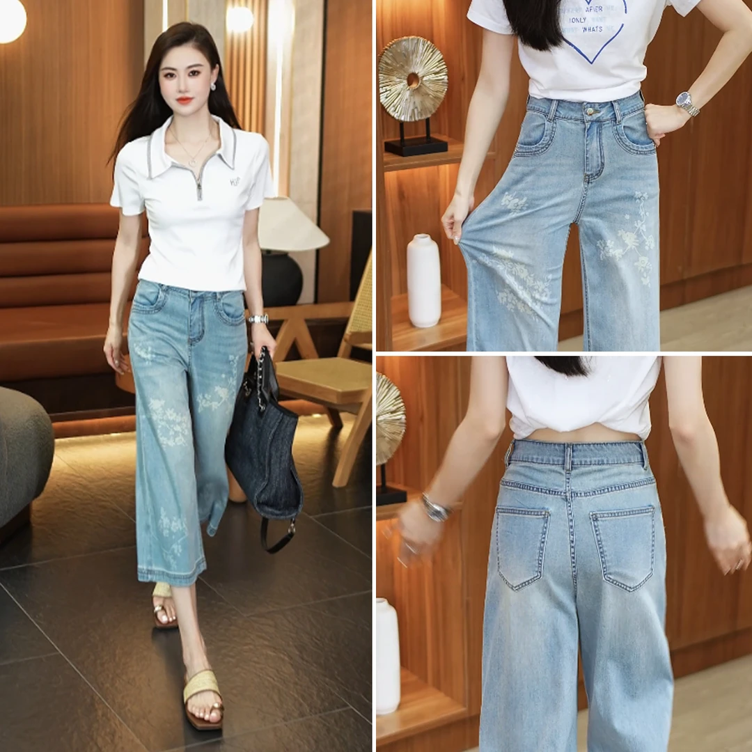 轻奢时尚减龄八分牛仔裤女2025夏新款显瘦高腰国风印花窄版直筒裤