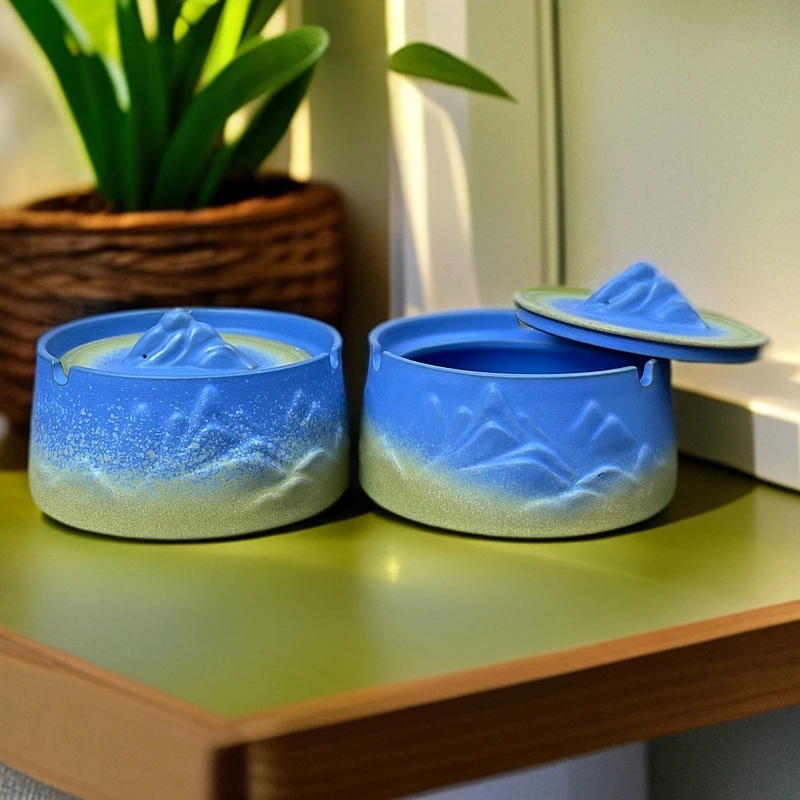 千里江山创意时尚陶瓷烟灰缸手工带盖简约精美防风防飞灰烟灰缸盅