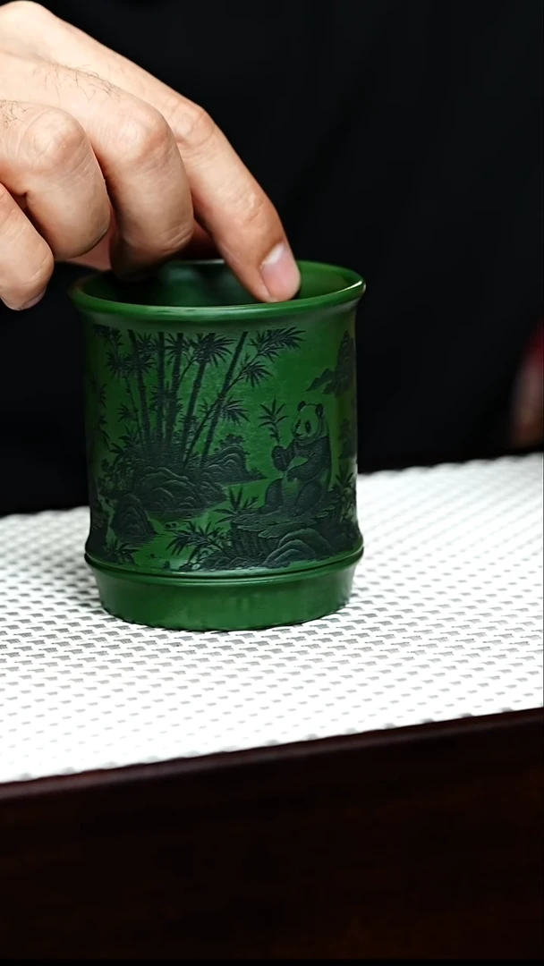 茶壶紫砂宜兴紫砂 主人杯 熊猫竹节 绿泥 任家娟 h214