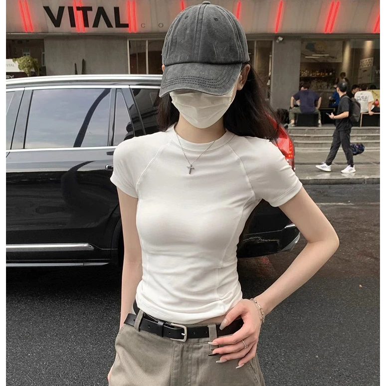 白色插肩短袖t恤女2025新款爆款夏季半袖紧身修身小个子短款上衣
