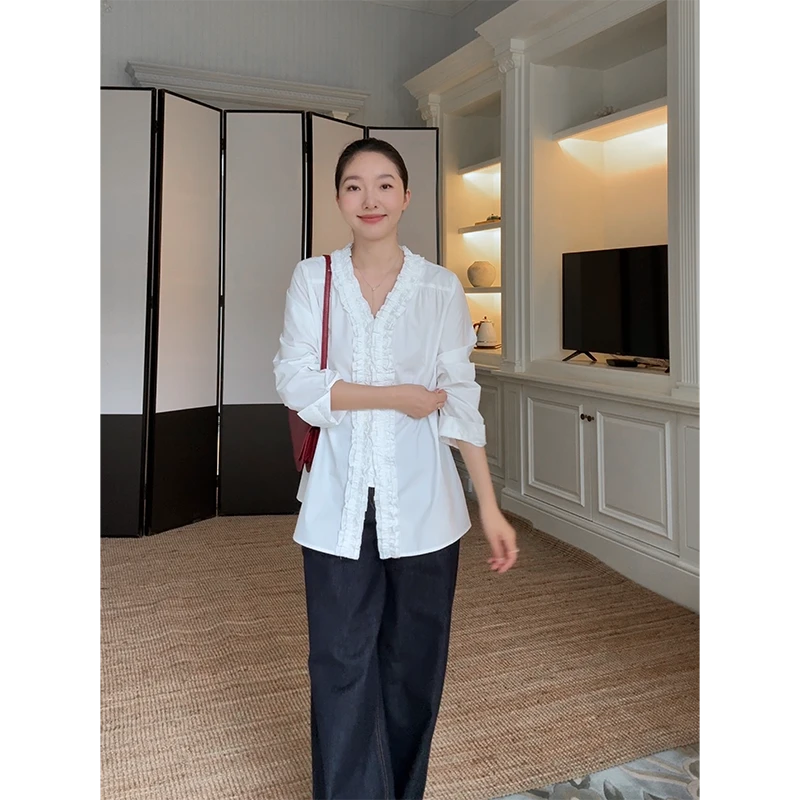 郭九九呢 100%棉气质木耳边宽松显瘦衬衫高腰阔腿长裤 G925C13147