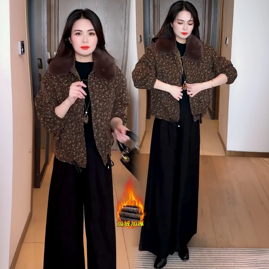 La babite时尚加绒加厚碎花短外套2025冬季新款洋气显瘦夹克外套