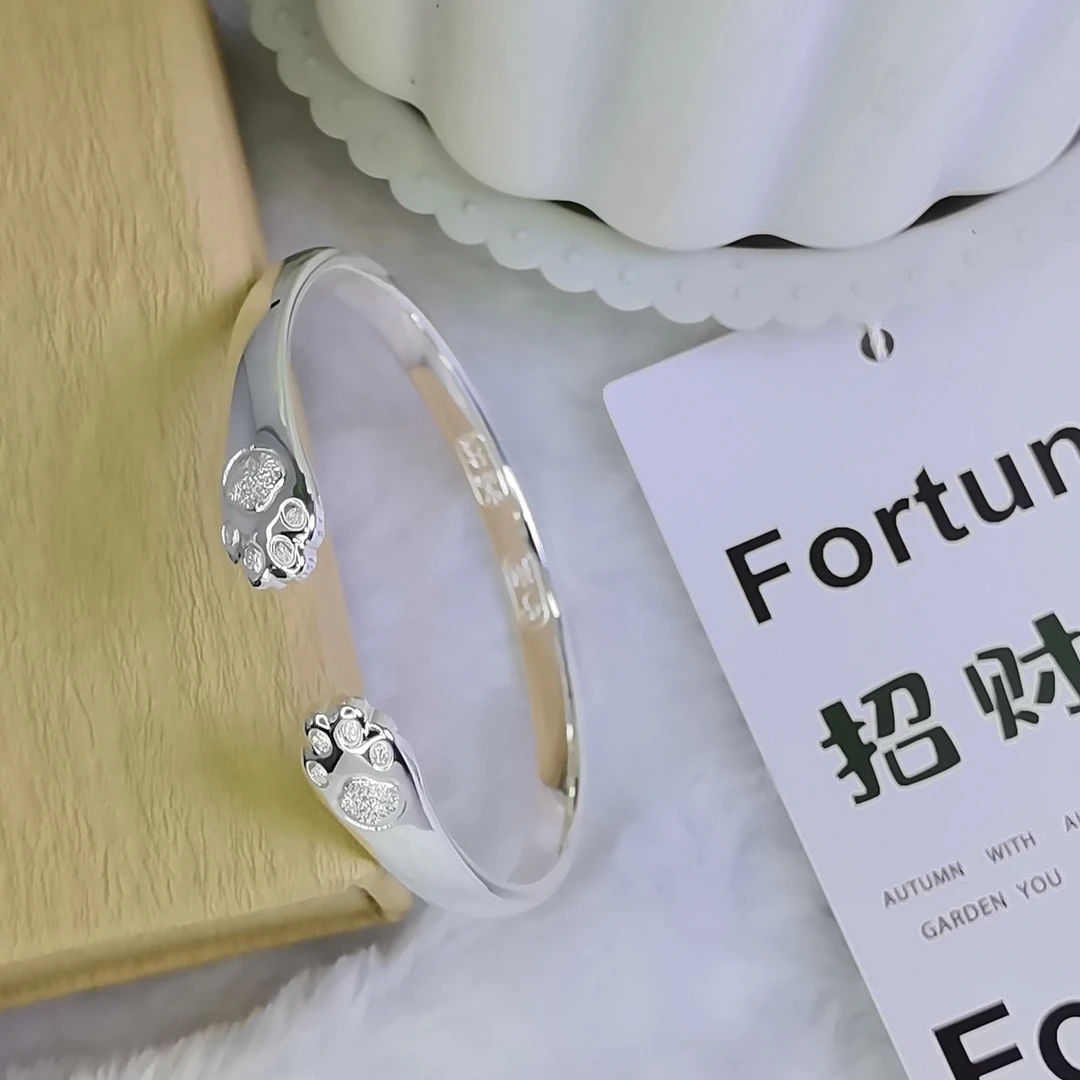 足银手镯 999足银猫爪银手环时尚纯银女手镯实心光面白银银饰品