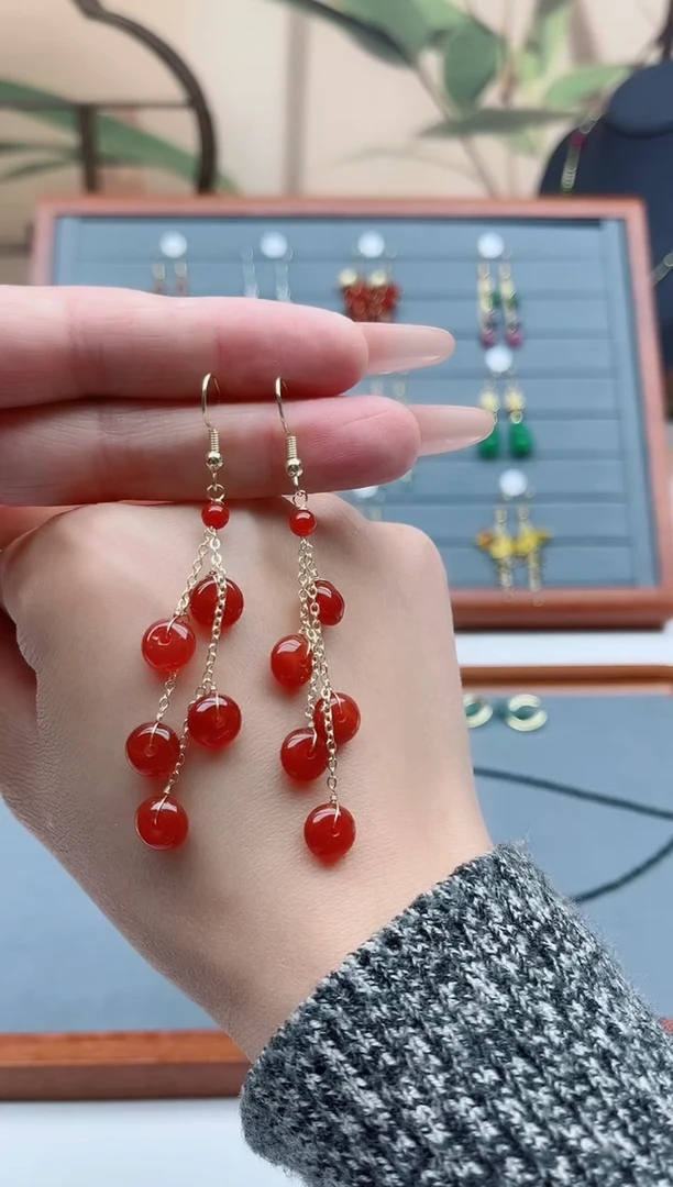 【闪购商品】南红玛瑙耳饰银S925镀金镶嵌1算盘珠红