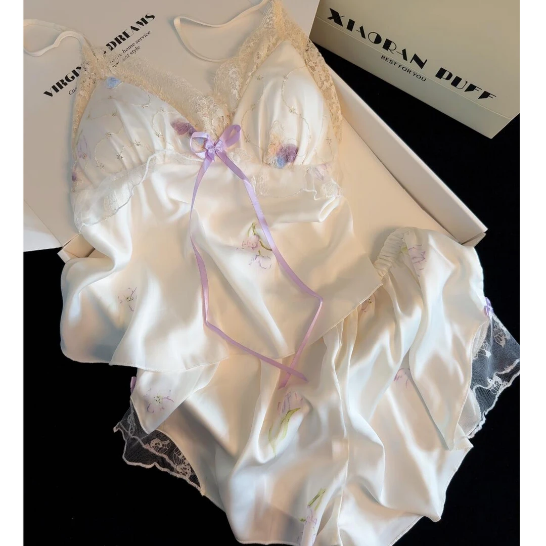 紫色心情纯欲风性感吊带冰丝带胸垫睡衣女2025夏季家居服女可外穿