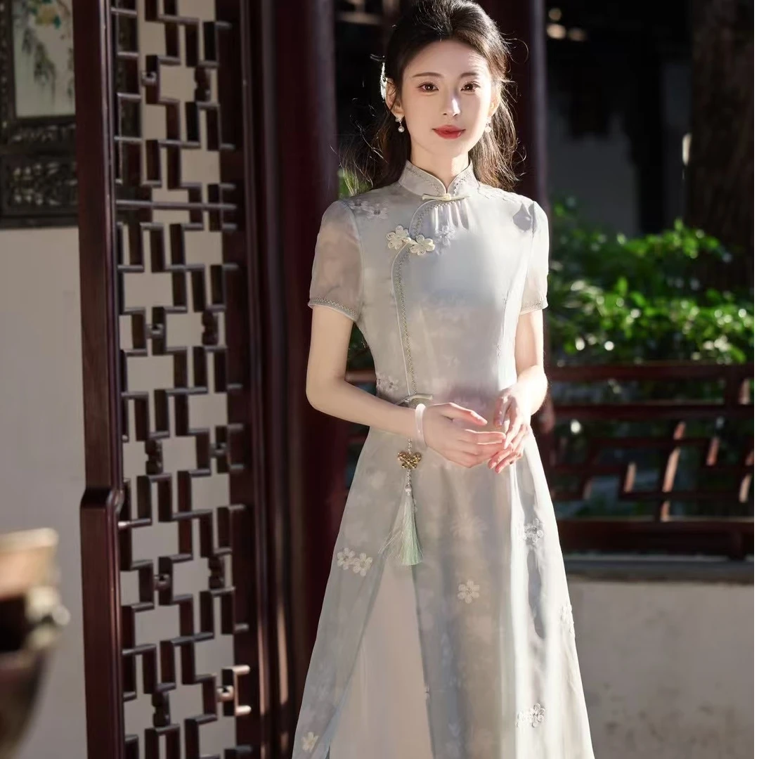 日常新中式低开衩矮领奥黛旗袍甜美风时尚中式网红显瘦复古优雅