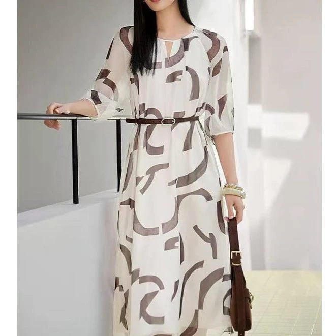 K-1182【扶风裙】夏季新款 度假风几何印花收腰连衣裙女