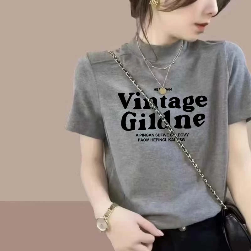 2025春夏新款女正肩纯棉短袖t恤上衣半高领体恤修身显瘦洋气减龄