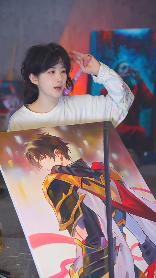 油画中****粉叶修丙烯画纯手绘