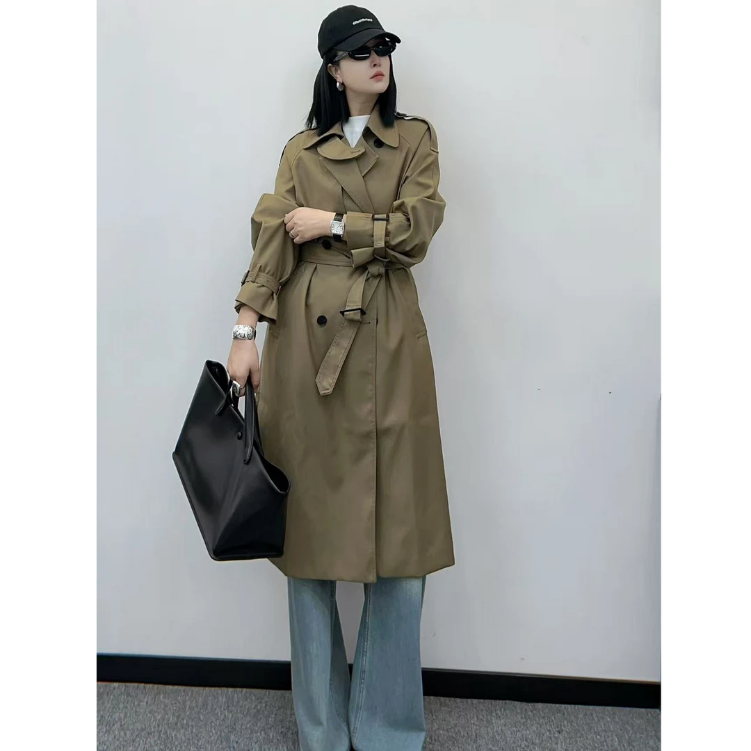 2025新款流光游牧风长款风衣女 落肩袖系带纯色高级感外套