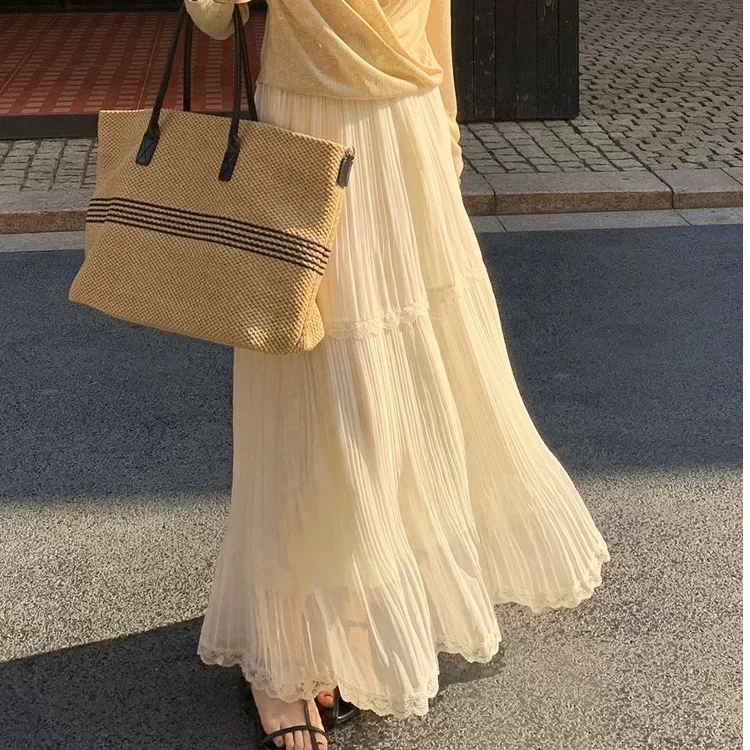 夏季白月光蕾丝垂感雪纺压褶百搭大摆半身裙气质高腰显瘦A字韩版