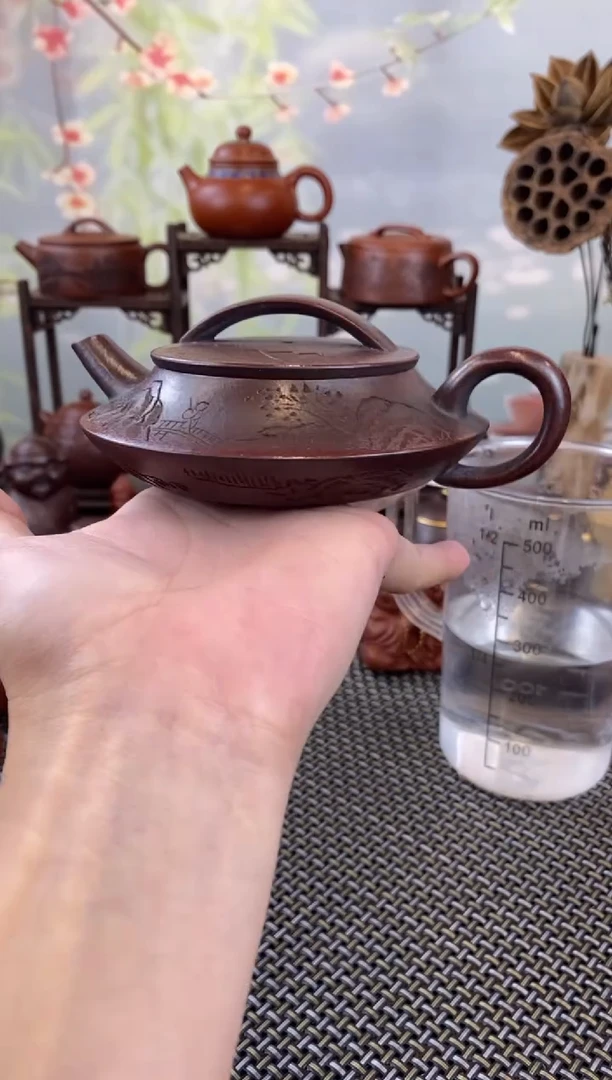 茶壶紫砂古红泥刻绘飞瓢150cc
