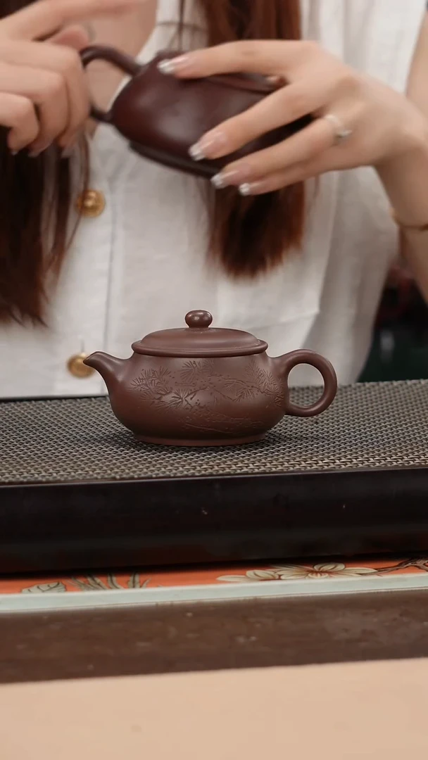 茶壶紫砂底槽清精工松刻明炉140cc