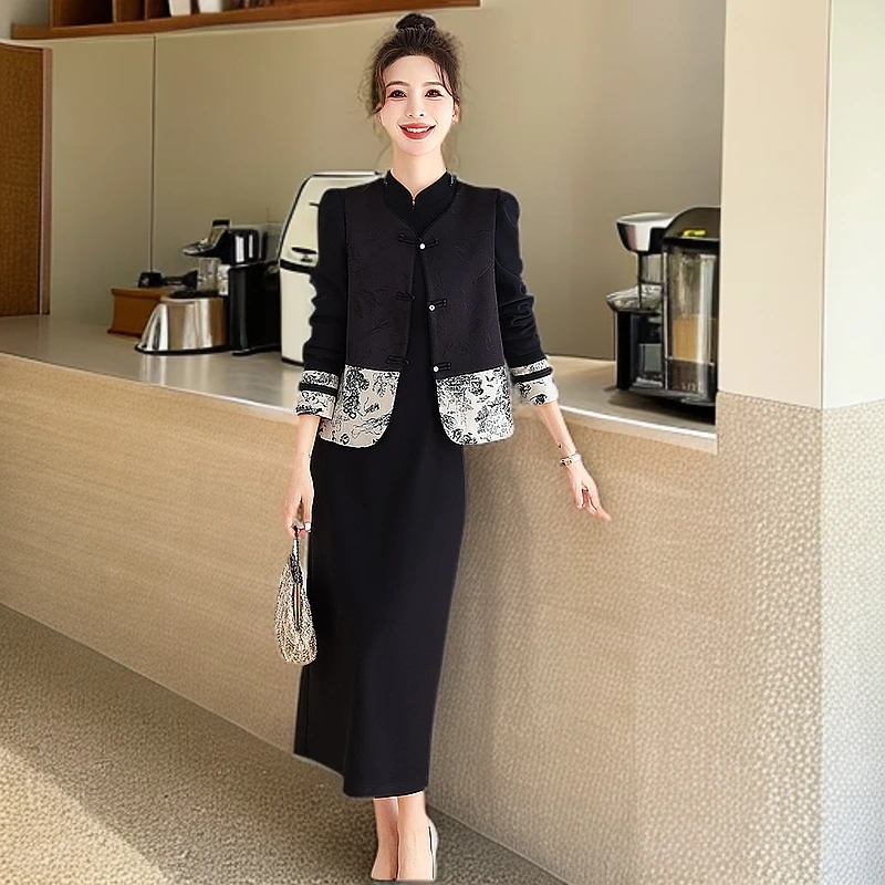 套装裙女2025春季新款高端气质中式盘扣提花马甲连衣裙黑色两件套
