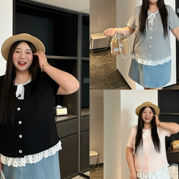 断码捡漏~椰果甜梦 / 假两件正肩蕾丝T恤14866花契大码胖mm200斤