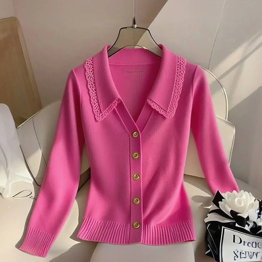 纯欲慵懒风女装粉色蕾丝花边针织衫早秋季新款高级感洋气长袖上衣