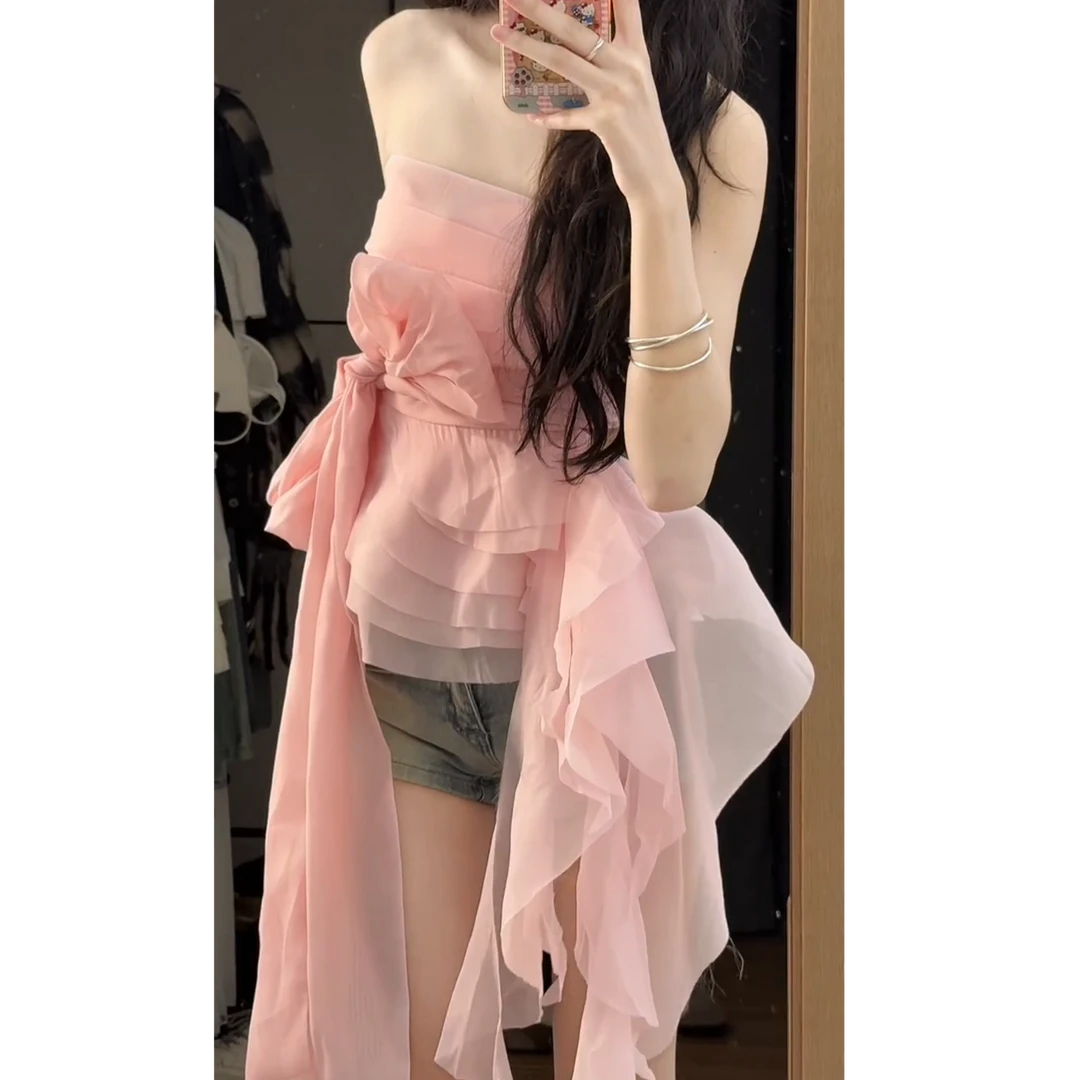 蝴蝶结设计不规则辣妹抹胸背心上衣女蕾丝拼接牛仔短裤女两件套