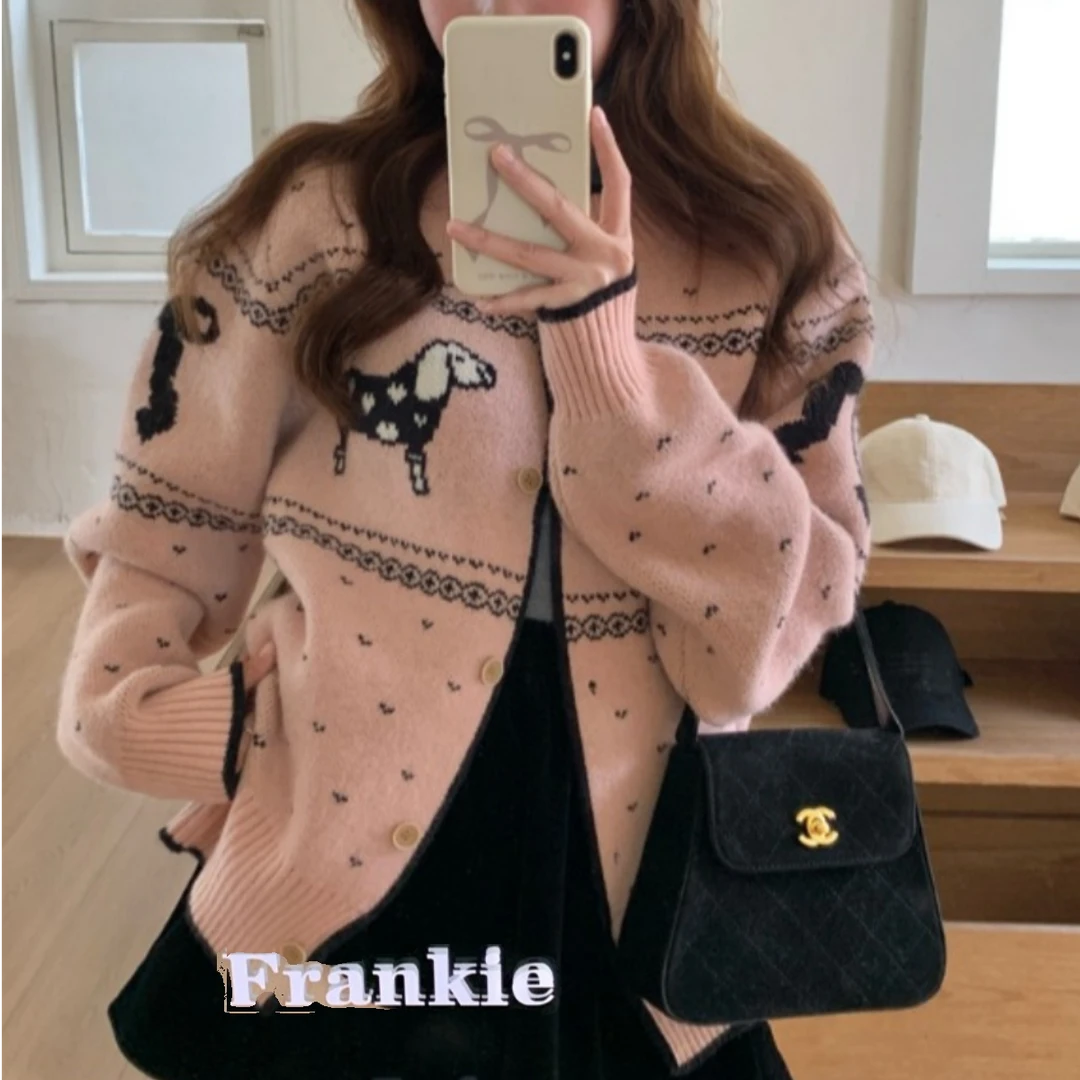 韩版甜美风圣诞小狗提花圆领毛衣开衫外套冬季新款宽松百搭针织衫