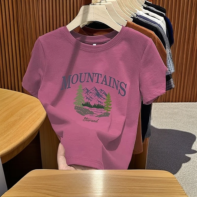 树莓粉正肩短袖t恤女2025夏季新款纯棉欧货大版上衣时尚百搭体恤