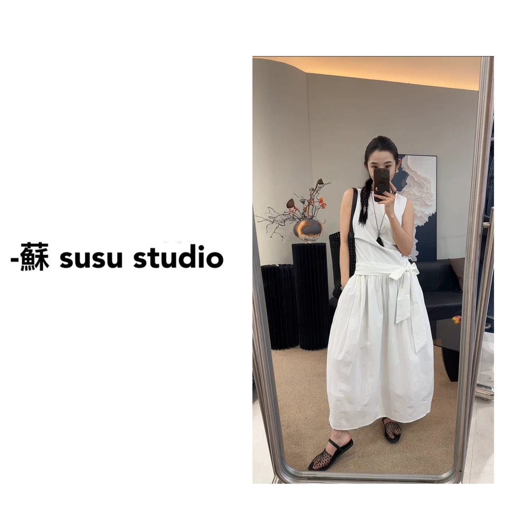 2597高级感夏季系带收腰无袖连衣裙女