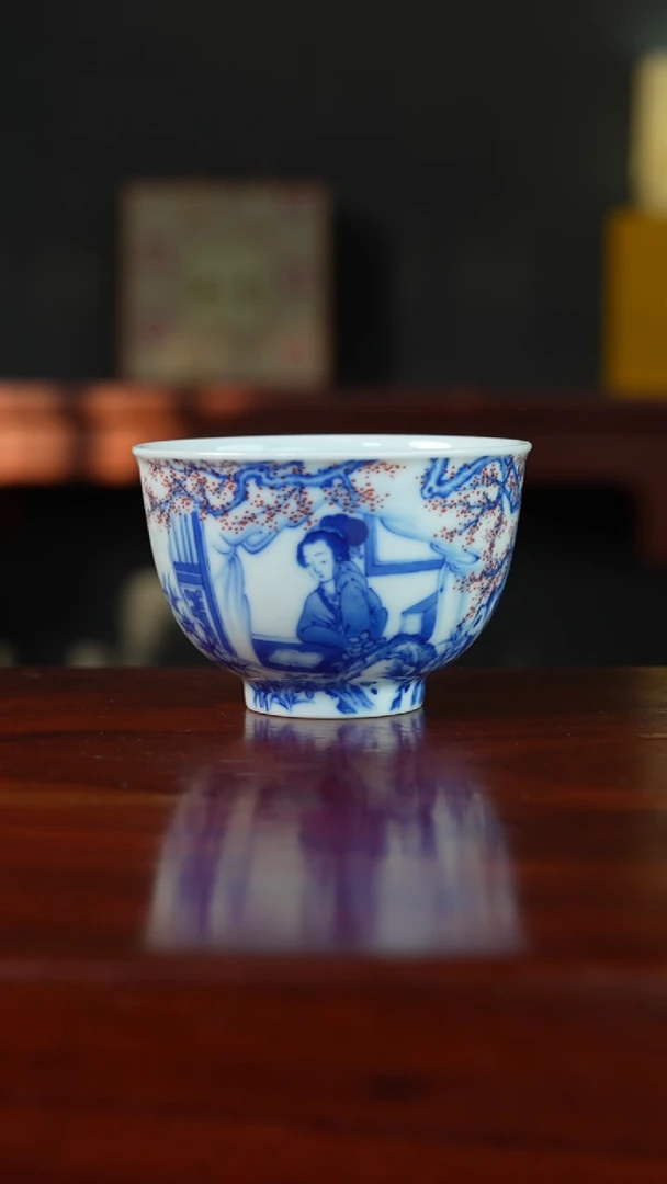 祖传窑真柴窑传承400年点红开窗仕女杯