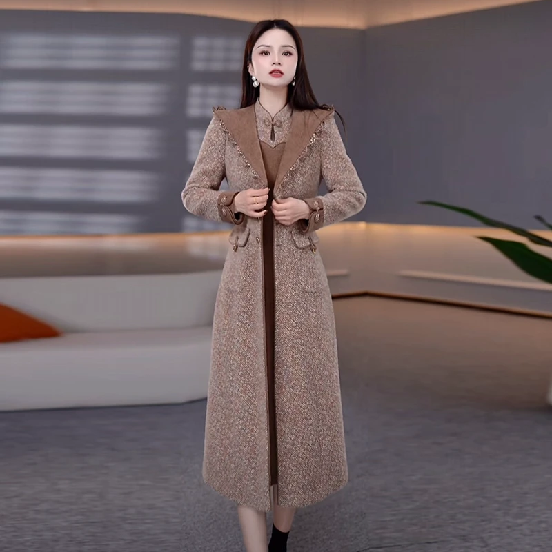 贵妃绒气质轻奢夹棉大衣套装2025冬季新款时尚洋气加绒加厚连衣裙