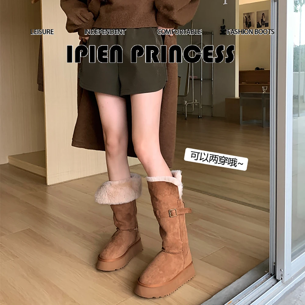 网红爆款时尚女神皮扣两穿毛一体雪地靴2026新款高帮女冬棉鞋靴子