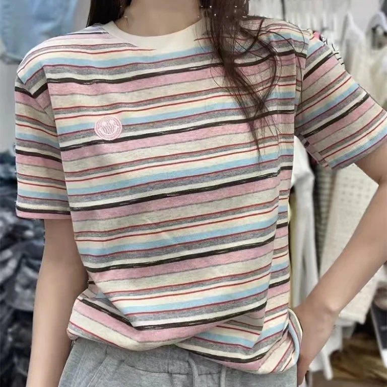 【锦衣服饰】NI 6393韩系时尚圆领笑脸标条纹短袖T