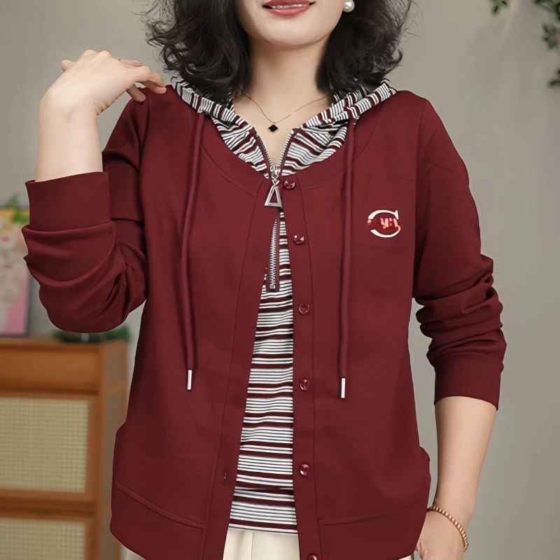 2025早秋显瘦设计感休闲百搭时尚衣连帽韩版长袖条纹假两件春秋