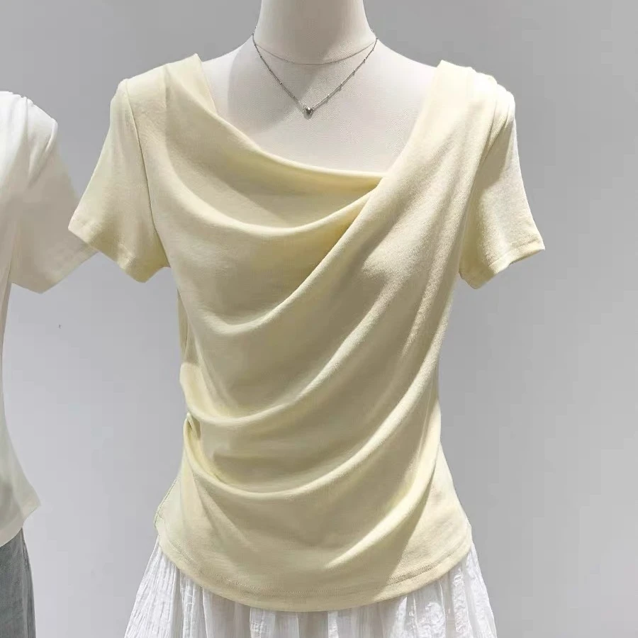 荡领短袖t恤女2025夏季新款设计感别致打底正肩上衣