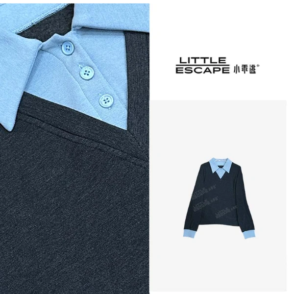 小乖逃休闲时尚灰色T恤假两件蓝色领袖百搭S25632