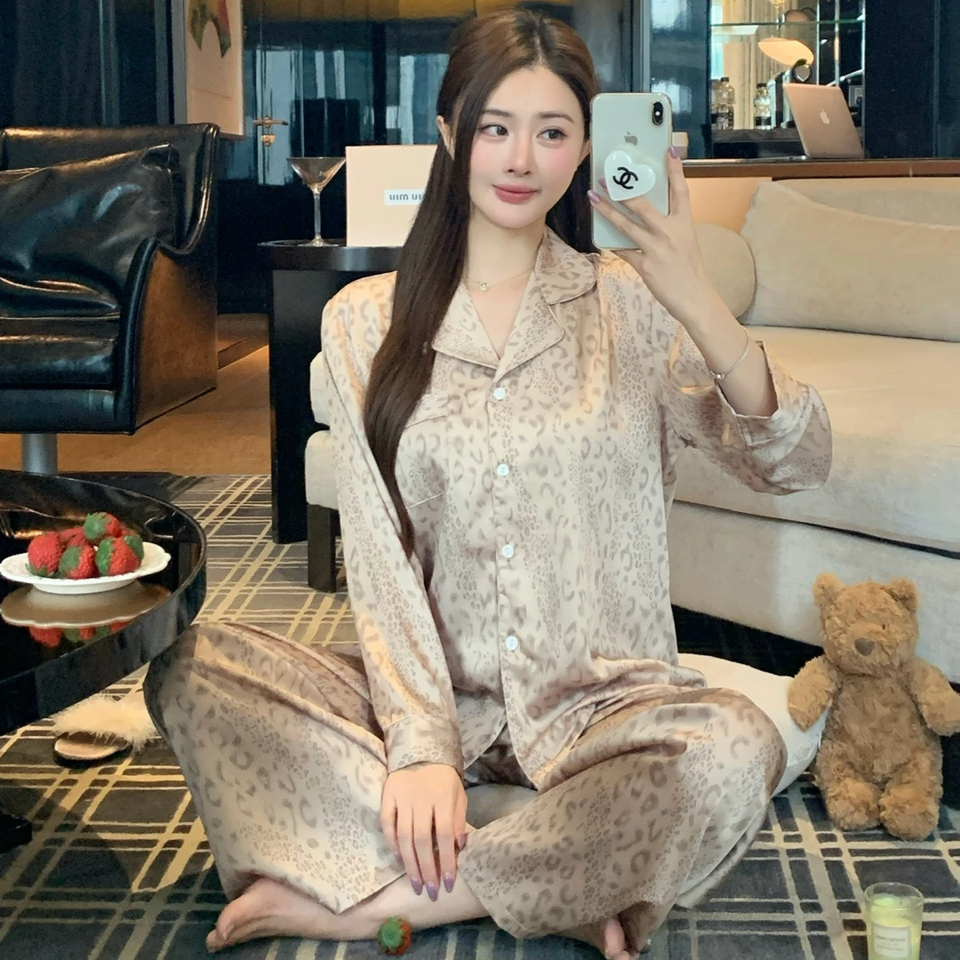 韩系高级感豹纹睡衣女秋季新款大码长袖长裤家居服两件套