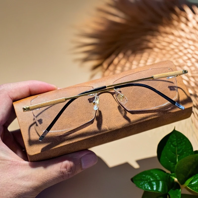 9895男款商务檀木纯钛时尚复古超轻无框切边变色多边形无框眼镜