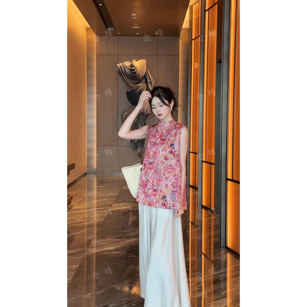 新中式提花无袖中长款上衣+阔腿裤夏季清凉感两件套