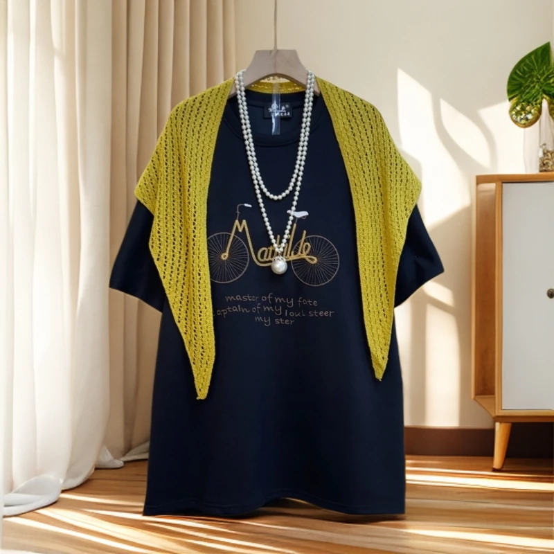 2025秋季新品宽松上衣洋气撞色时尚短袖圆领T恤加披肩百搭两件套