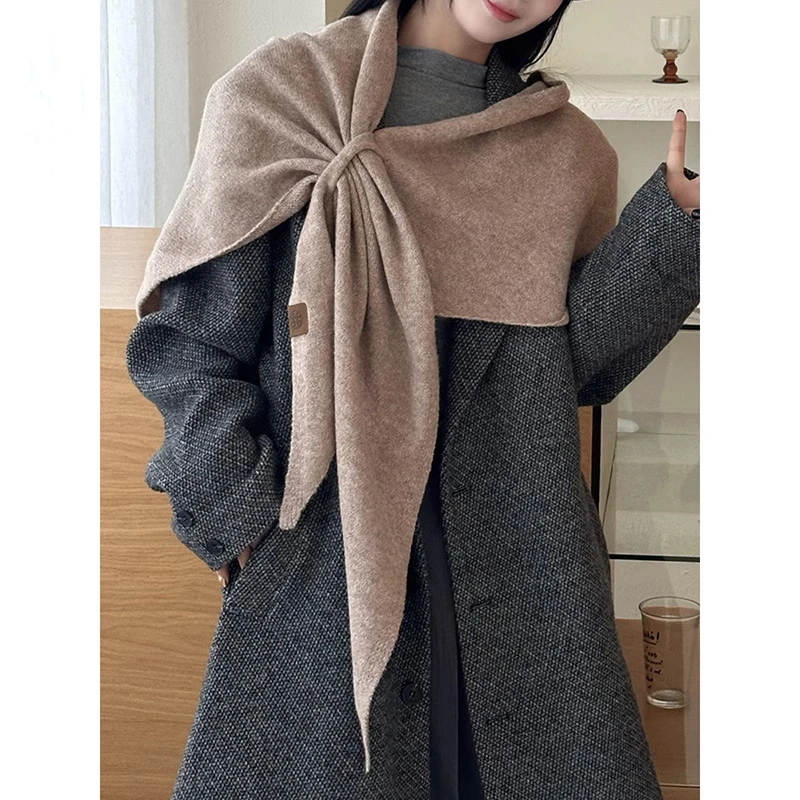 纯色羊毛混纺交叉针织丝巾女冬季时尚百搭保暖护颈椎围脖外搭坎肩