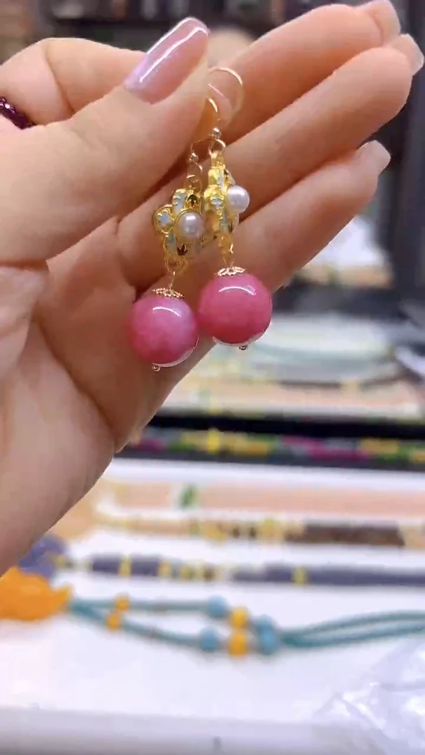 菱锰矿（红纹石）14K金镶嵌耳饰DIY款E798