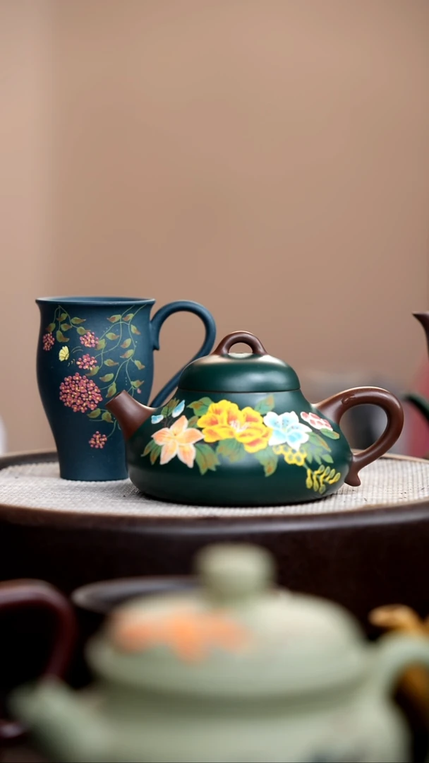 茶壶紫砂绿泥粉浆茄瓜泥绘花+杯