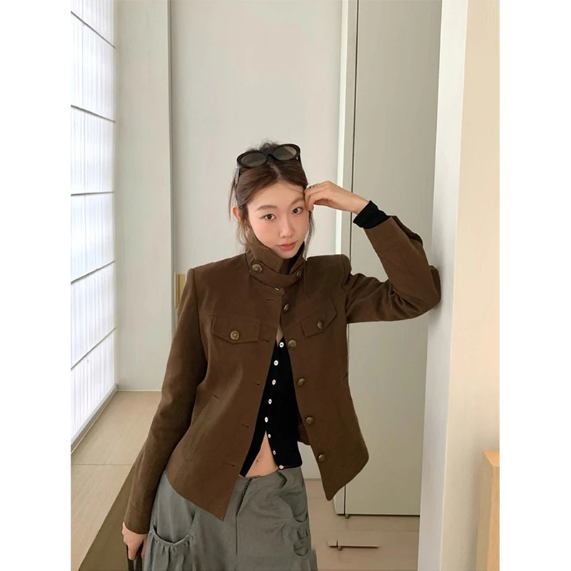 复古设计感短款修身上衣女2025秋季新款工装风翻领外套百搭夹克潮