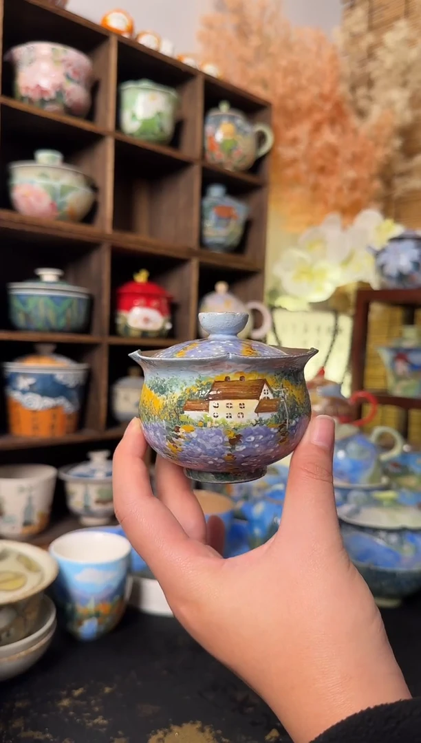 石一薰衣草花口盖碗