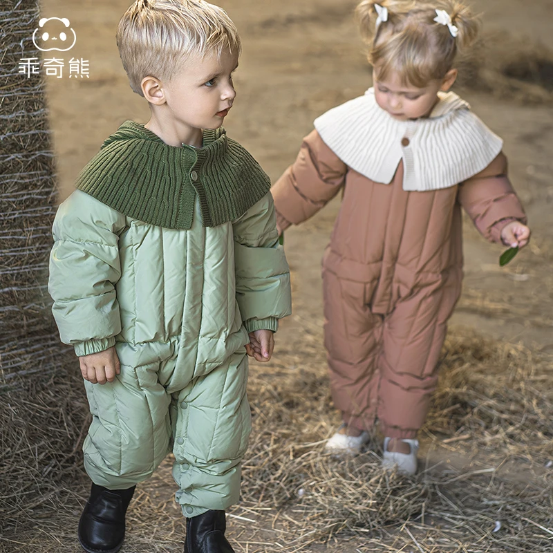 三防羽绒服男女宝宝连体衣冬季保暖婴幼儿哈衣爬服拼接连帽外出服