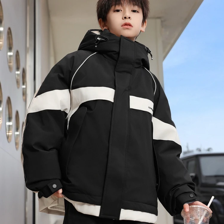 儿童加厚棉服25年冬季新款拼接撞色连帽棉服