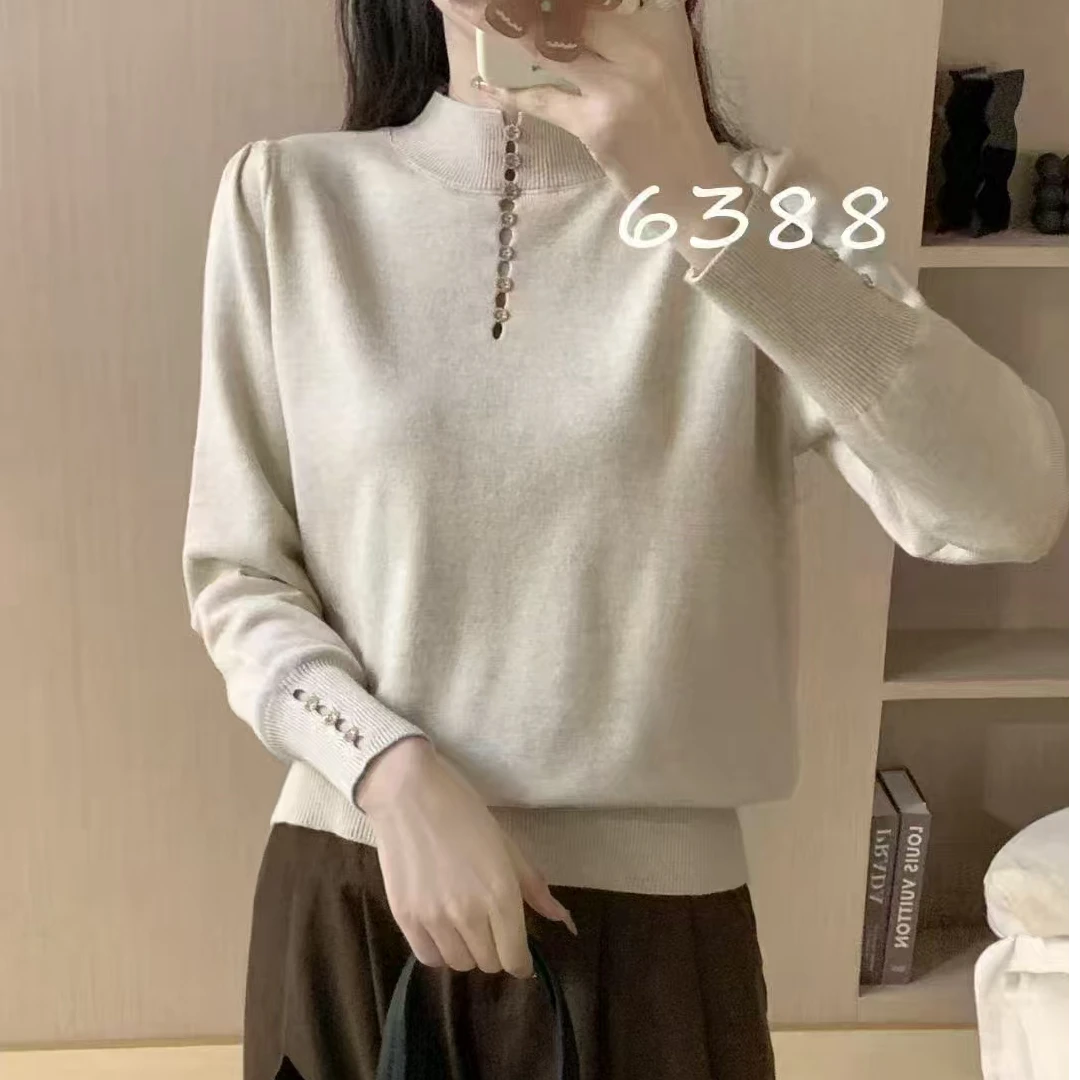 6388新款2025春秋新款长袖打底衫女百搭休闲纯色镂空针织衫女士